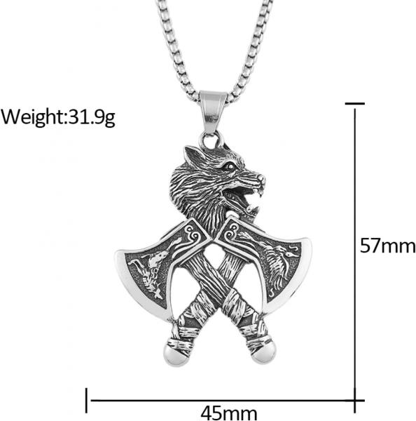 Vintage Vikings-Halskette mit Doppelaxt-Anhänger, 316L Edelstahl, verblasst nicht, klassische Wolfskopf-Halsketten, nordischer Schmuck